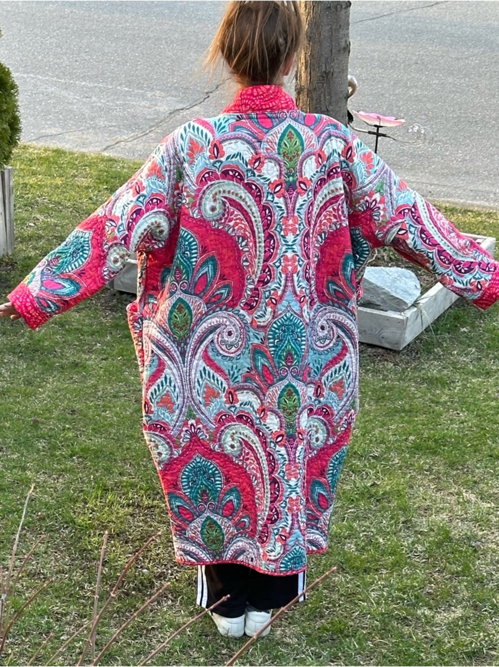 Handmade Vibrant Coral Paisley Quilted Duster Coat